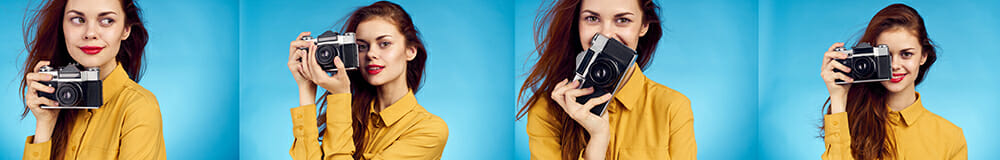 portrait photography tips yellow lady on blue top with camera