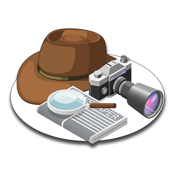 camera newspaper with detective hat