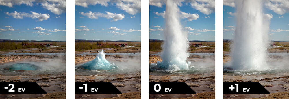 4,Sequential,Images,Of,An,Erupting,Geyser,In,Iceland,On Sequence demonstrating changes in Exposure Compensation -2 to +1
