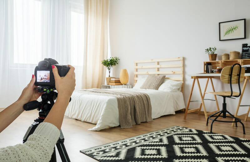 Blogger,Taking,A,Photo,Of,A,Modern,Bedroom Home Photography Interior Room Scene Example