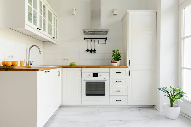 Silver,Cooker,Hood,In,Minimal,White,Kitchen,Interior,With,Plant Home Photography Interior Room Scene Example