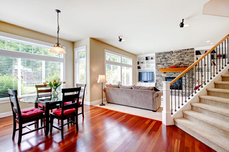 Large,Living,And,Dining,Room,With,Staircase,,Cherry,Hardwood.