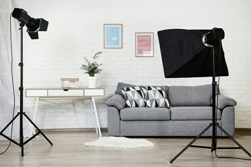 Photo,Studio,With,Professional,Equipment,And,Home,Interior,On,Brick Home Photography Interior Room Scene Example