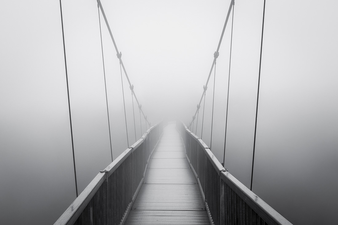 Spooky,Heavy,Fog,On,Suspension,Bridge,Vanishing,Alone,Into,Creepy Fine Art Photography Tutorial