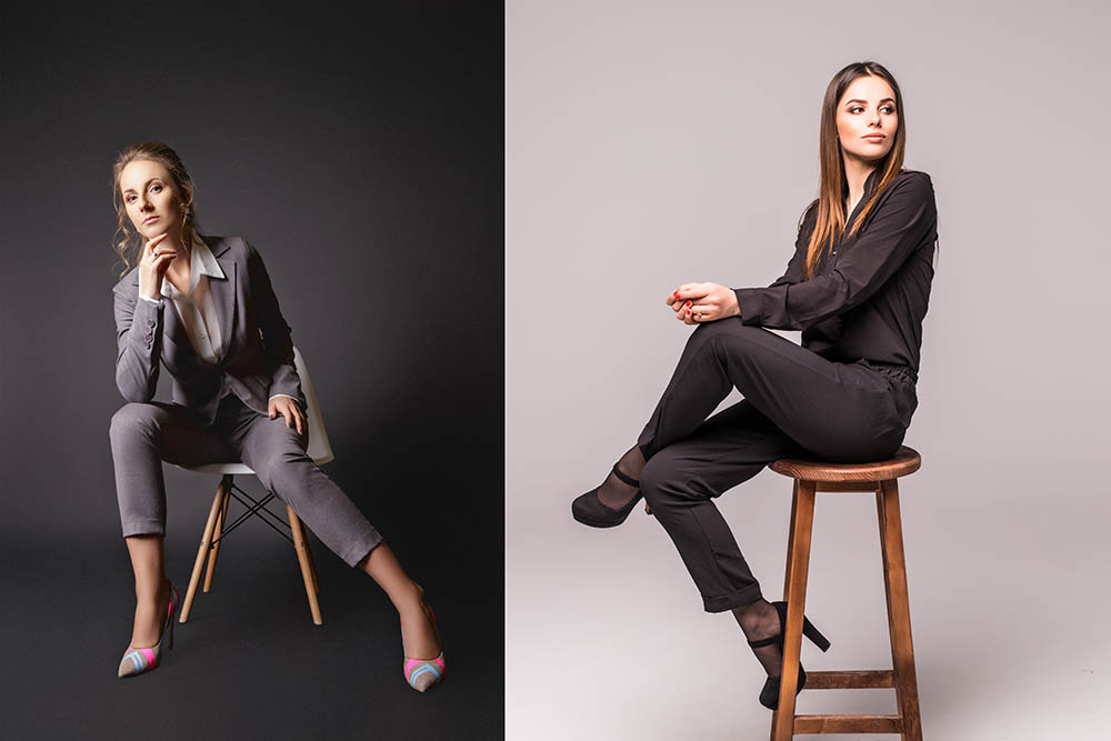 Woman,Sitting,On,A,Chair,Over,Grey,Background Female Portrait Photography Chair Poses